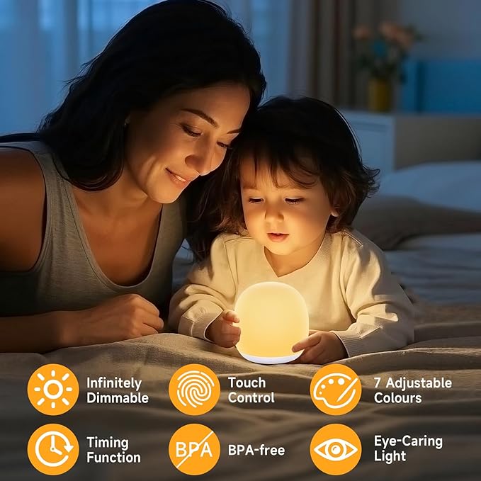 Tyute Night Light for Kids, Baby Egg Night Light with 7 Colors Changing Mode & Stepless Dimming, Soft Silicone Touch Nursery Night Lamp BPA Free, 1 Hour Timer, Rechargeable for Breastfeeding
