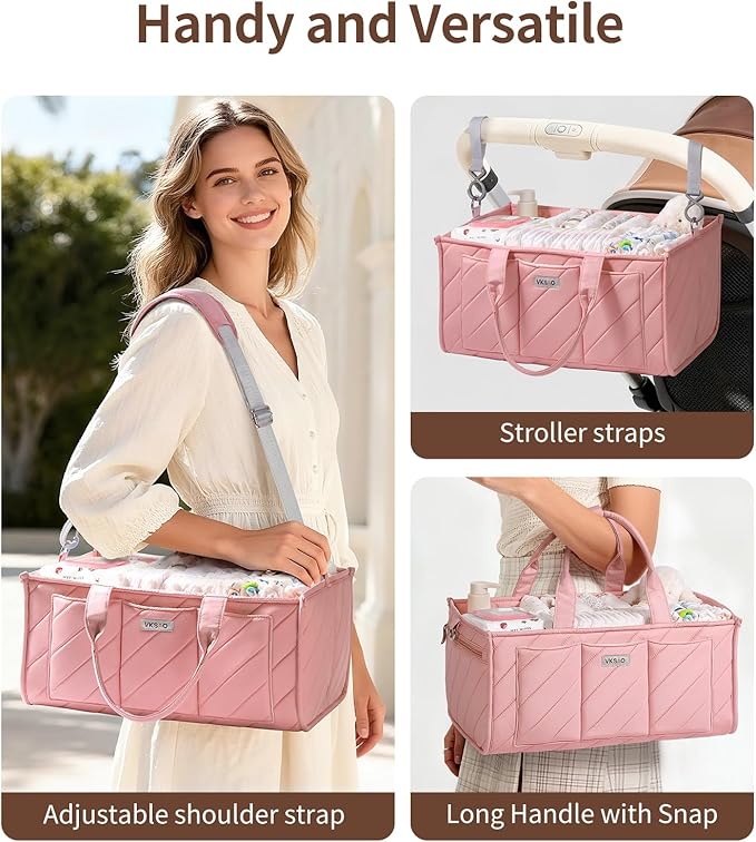 Extra Large Diaper Caddy Organizer – Big Nursery Storage Basket with Zipper Pocket, Shoulder Strap & Stroller Hooks, Water-Resistant Travel Tote for Twins, Gift for Baby Shower, Blush Pink