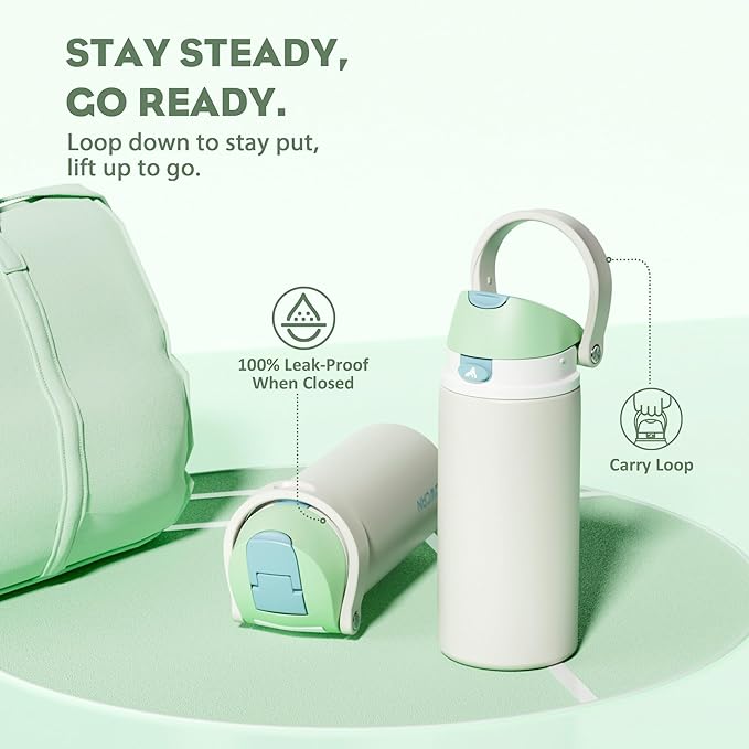 POWCAN 18 oz Steel Insulated Water Bottle: 2-in-1 Push-Button Spout & Flip Straw Lid, Leakproof, Cold 24 Hrs, Fits Car Cup Holder, Reusable Metal Sports Bottle for Travel, Gym, School (Icy Drift)