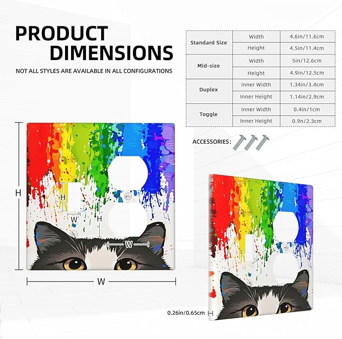Cat Rainbow Single Toggle Duplex Combo Outlet Wall Plate Decorative 2 Gang Light Switch Covers Electrical Switchplate Home Decorate Faceplat for Bathroom Bedroom Kitchen Room 4.5 x 4.5 Inch
