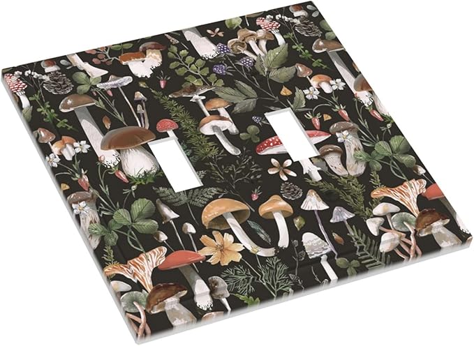 Cute Vintage Gothic Black Boho Mushroom Double Toggle Wall Plate Hippie Bohemian Plant Fungus Forest Floral Botanical Decorative 2-Gang Light Switch Cover Electrical Receptacle Outlet Face Plate Cover