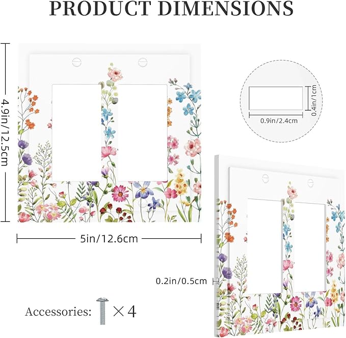Boho Watercolor Wildflowers Floral Plants Flower Decorative Outlet Covers 2 Gang Double GFCI Rocker Electrical Wall Panels Light Switch Cover Plate for Bedroom Living Room Decor