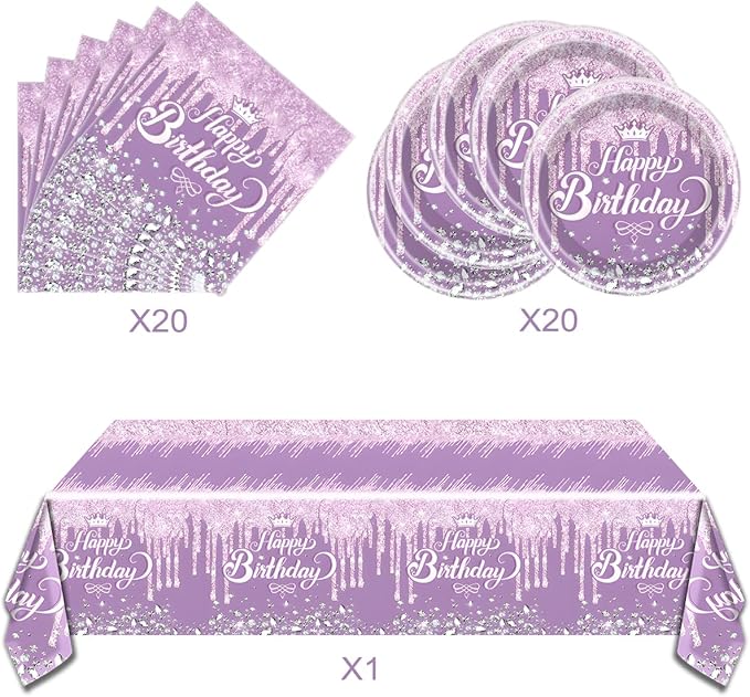 Purple Party Tableware set, Purple Happy Birthday Theme 20 Plates and 20 Napkins and Tablecloths 71 '' x 42 '' for Girls Women Silver Glitter Birthday Party Supplies