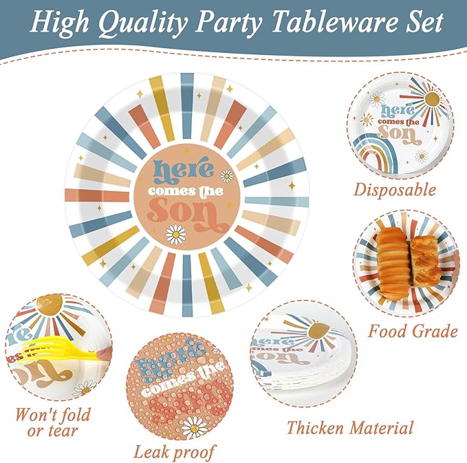 96Pcs Here Comes The Son Party Plates and Napkins for Boho Sun Birthday Party Supplies Here Comes The Son Themed Paper Dessert Plates Sunshine Tableware Set for Baby Shower 24 Guests Party Decorations