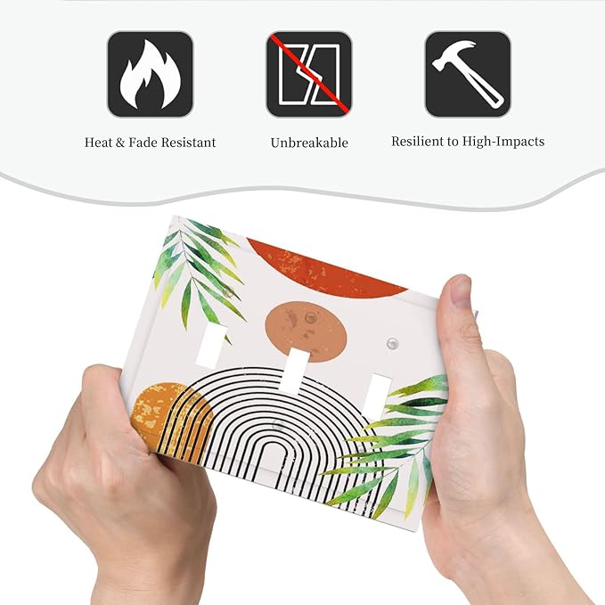 Modern Bohemian Abstract Green Leaf Triple Toggle Decorator Outlet Light Switch Wall Plate Cover Red Boho Sun Middle Century Minimalist Jumbo Decorative 3 Gang Three Device Receptacle Faceplate Cover