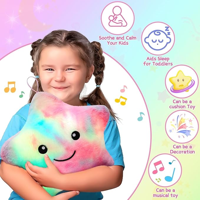 Subao Sensory Toys for Toddlers,14" Toddler Pillow with Light & Music,Plush Star Night Light for Kids Autism Sensory Products,Birthday Xmas Easter Gifts for 3 4 5 6 7 8 9 10 Year Old Girls Colorful