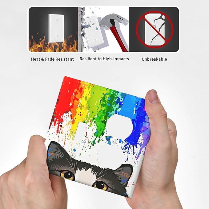 Cat Rainbow Single Toggle Duplex Combo Outlet Wall Plate Decorative 2 Gang Light Switch Covers Electrical Switchplate Home Decorate Faceplat for Bathroom Bedroom Kitchen Room 4.5 x 4.5 Inch
