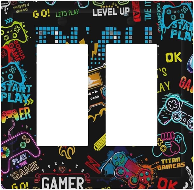 Gamer Video Game Themed Cool Controller Print Decorative Outlet Covers 2 Gang Double GFCI Rocker Electrical Wall Panels Light Switch Cover Plate for Kids Room Office Decor