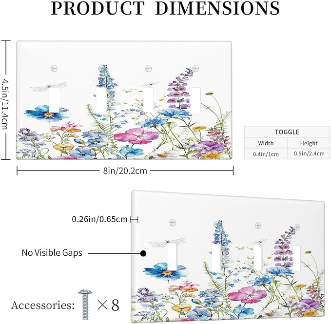 Light Switch Covers Boho Colorful Flowers Plants And Dragonflies Quad Toggle 4 Gang Wall Plate Electrical Faceplate Decorative Switch Plates for Bedroom living Room Decor