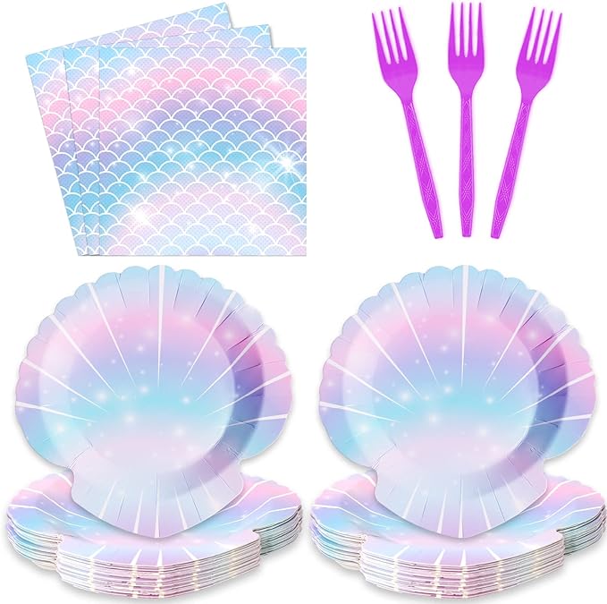 ZOIIWA 96 Pieces Mermaids Themed Party Decorations Mini Under the Sea Tableware for Girls Clam Shell Dessert Plates Napkins Forks for 24 Guests Birthday Party Favors