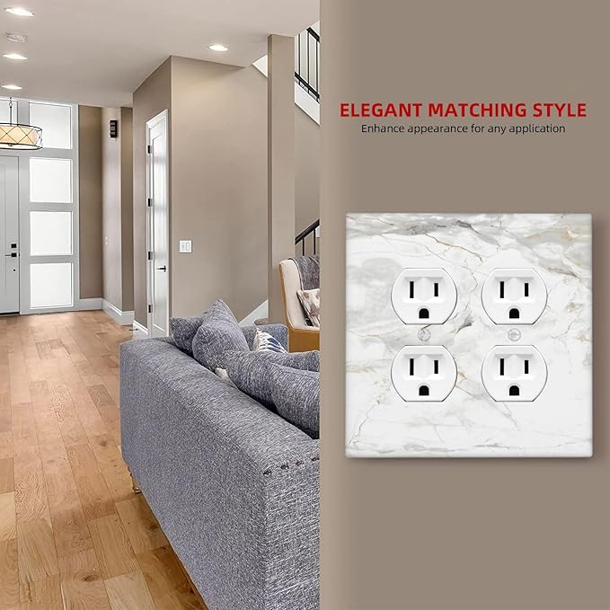 White Marbling Golden Stream Lines Print Outlet Covers 2 Gang Double Duplex Decorative Light Switch Covers Electrical Wallplates Socket Faceplate for Bathroom Kitchen Decor