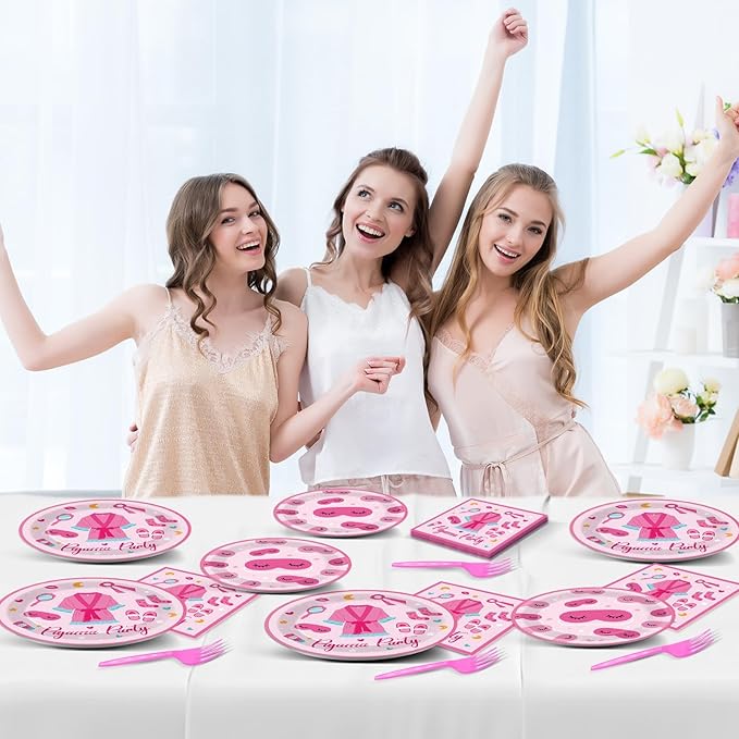 100 Pcs Pajama Party Paper Plates and Napkins Set Sleepover Party Decorations Supplies Girls Sleepover Tableware Favors for Spa Slumber Birthday Hot Pink Pajama Party Decorations Serves 25