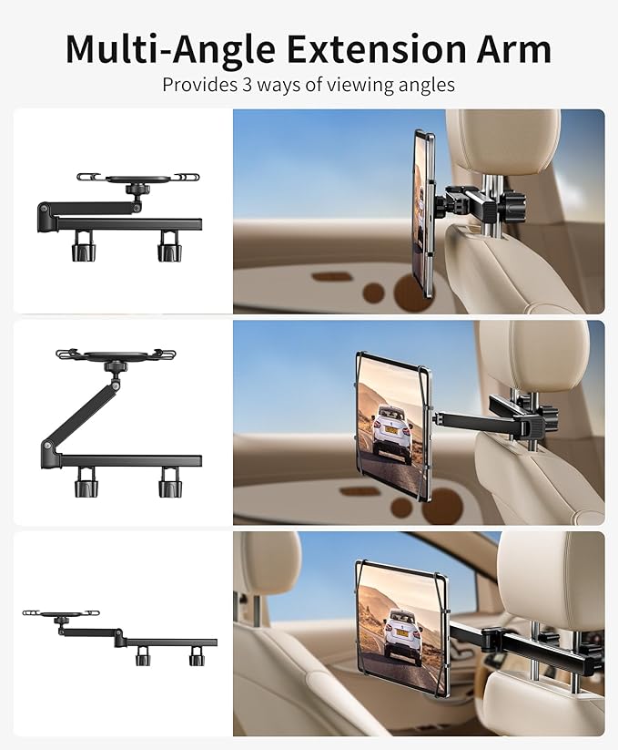 FANGOR Tablet Holder for Car - [3 in 1 Adjustable Extension Arm] Upgraded iPad Holder for car Backseat with Holding Net, Road Trip Essentials for Kids, for 7-13" iPad Pro, Air, Mini, Galaxy, Fire HD
