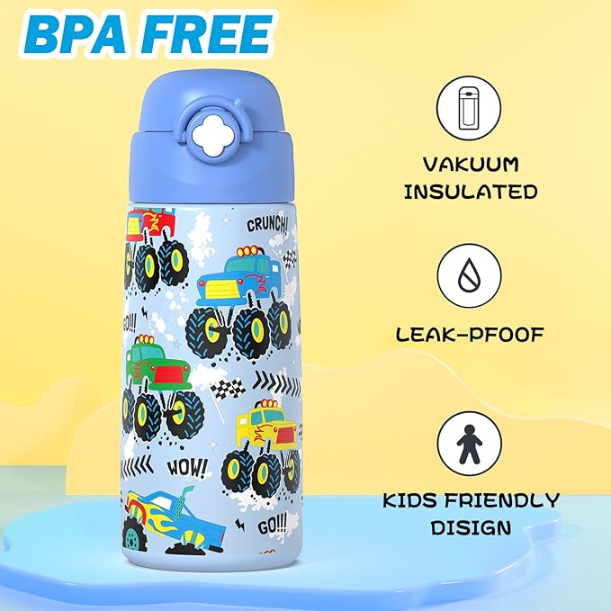 Boys Monster Truck Insulated Water Bottle with Covered Pop-Up Straw,16 oz Kids Cups with Stainless Steel Leak Proof for School