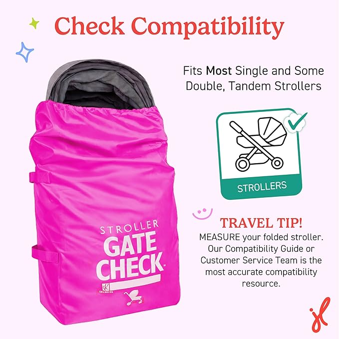 J.L. Childress Gate Check Bag for Single & Some Double Strollers - Travel Bag for Airplane, Fits Most Standard Baby Strollers, Airport Accessories Gate Check, Flying Essentials - Neon Pink