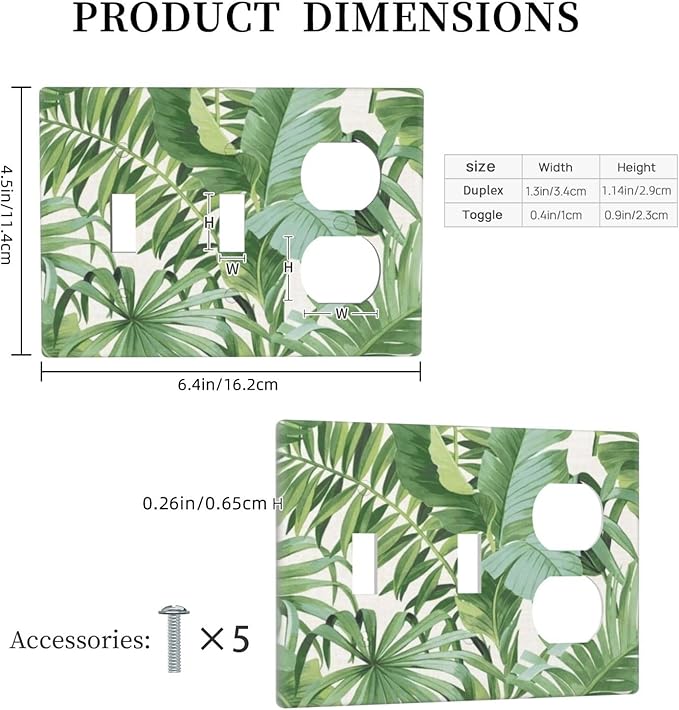 Tropical Palm Tree Leaves Jungle 3-Gang 2-Toggle 1-Duplex Device Combination Wall Plate, Green Botanical Plant Monstera Leaf Three Gang Combo Two Toggle/One Duplex Receptacle Outlet Light Switch Cover