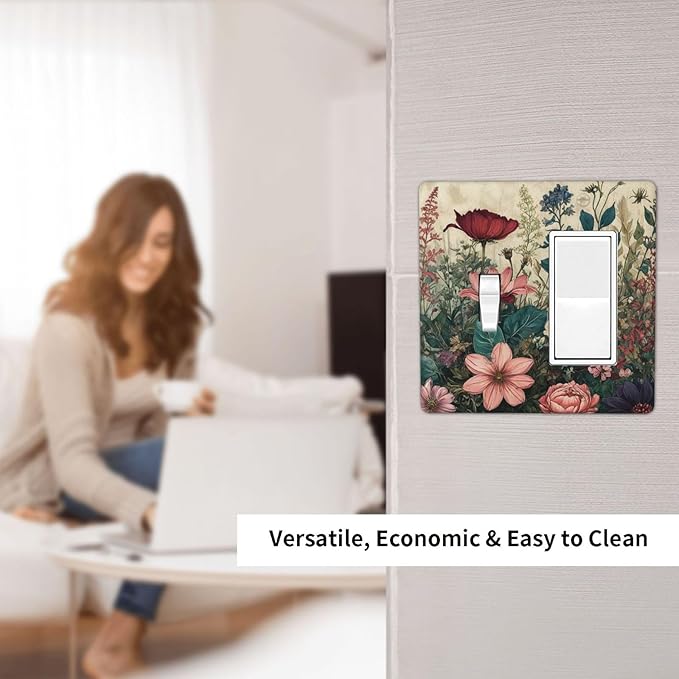 Decorative Outlet Covers Rustic Wildflower Red Floral Green Plant 2 Gang 1 Gang Wall Plate Cover Single Toggle Rocker Combination Light Switch Cover Plate Jumbo Face Plate