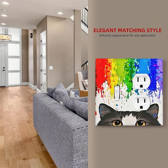 Cat Rainbow Single Toggle Duplex Combo Outlet Wall Plate Decorative 2 Gang Light Switch Covers Electrical Switchplate Home Decorate Faceplat for Bathroom Bedroom Kitchen Room 4.5 x 4.5 Inch