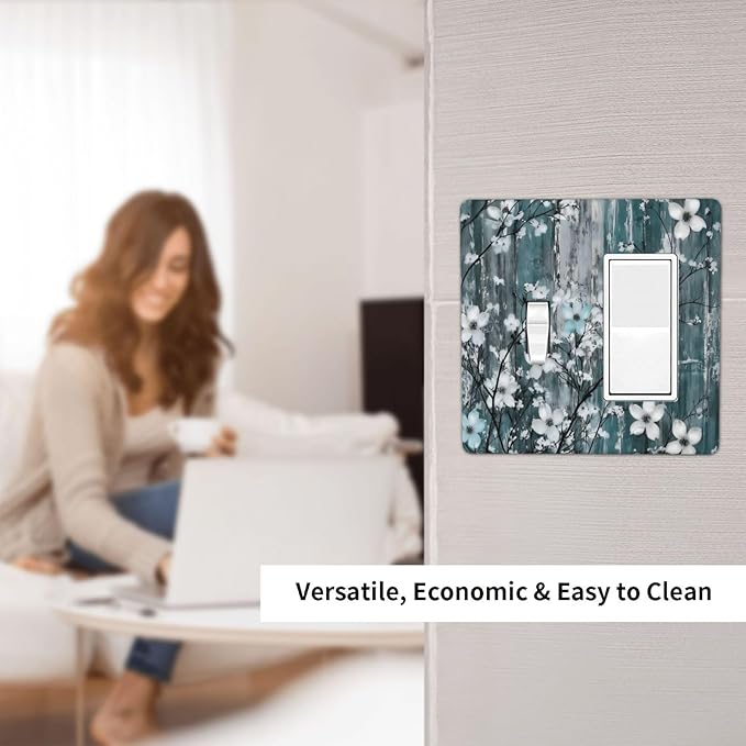 Rustic Blue Watercolor Flower Wooden Background Outlet Covers 1 Toggle 1 Rocker Combination Decorative Wall Plate Electrical Switch Plates Light Switch Cover Plate for Bedroom Living Room Decor