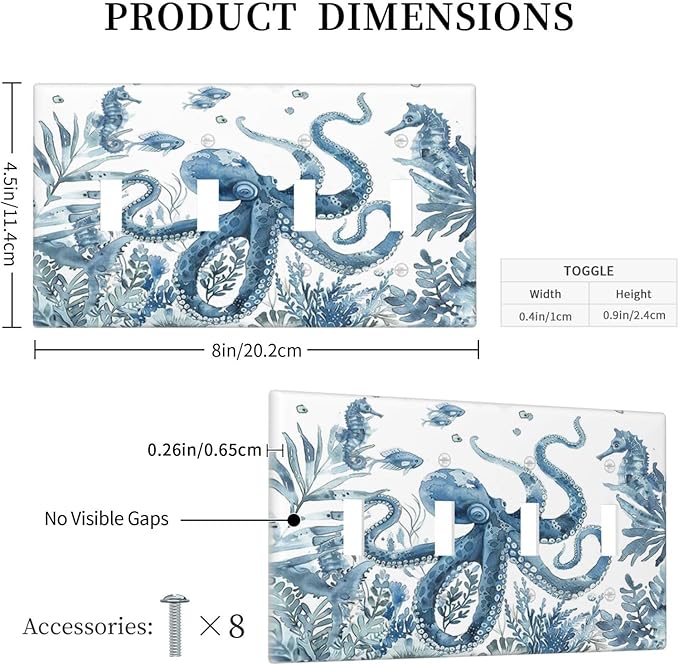 Blue Octopus Squid Seahorse Coral Watercolor Wild Sealife Light Switch Covers Quad Toggle Electrical Faceplate 4 Gang Wall Plate Decorative Switch Plates for Bathroom Kids Room Decor