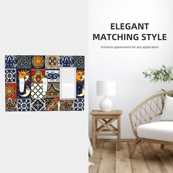 Boho Moroccan Mandala Mexican Tiles 3-Gang 2-Toggle 1-GFCI/Decorator Combination Light Switch Decorative Triple Combo Device Switches/Rocker Outlet Covers and Wall Plate