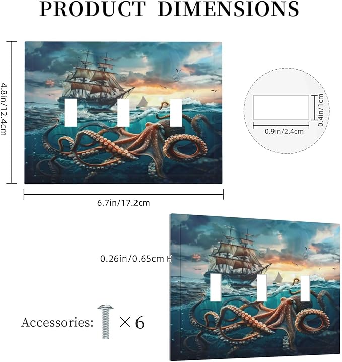 Light Switch Cover Plate Sailboat Ship Octopus Ocean Sea Waves 3 Gang Triple Toggle Decorative Switch Plates Wall Plates Electrical Switchplate Faceplate for Bathroom Bedroom Decor