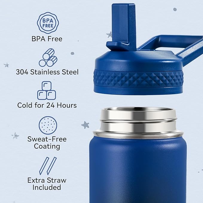 Fijinhom 12 oz Kids Water Bottle, Toddler Water Bottle with Straw, Boys&Girls Bottle for School, 304 Stainless Steel Vacuum Insulated Bottle for Kids, BPA-Free, Leak-Proof, Blue Black