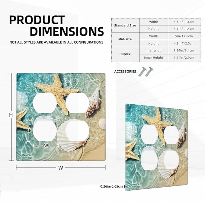 Outlet Covers Beach Starfish Ocean Conch Cameo Shell 2 Gang Double Duplex Decorative Light Switch Covers Electrical Wallplates Socket Faceplate For Decor Kids Room Decor