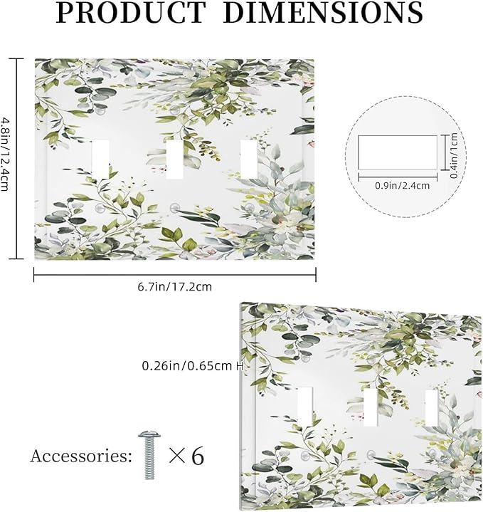 Eucalyptus Sage Green Leaf Plant Floral Decorative Switch Plates 3 Gang Wall Plate Triple Toggle Light Switch Cover Faceplate Electrical Wall Panels for Bedroom Living Room Decor