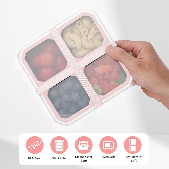 BEFOY 4 Pack Stainless Steel Snack Containers with Lids 4 Compartment Food Storage Containers for Adults & Kids Meal Prep Containers Reusablele (PINK, 2)