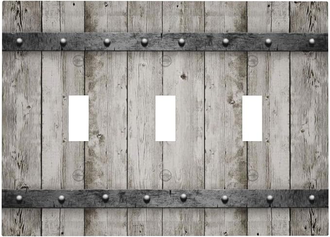 Farmhouse Grey Wood Triple Toggle Light Switch Cover Decorative Rustic Country Gray Wall Plates 3 Gang Electrical Faceplate for Bathroom Kitchen Bedroom Vintage Rustic Barn Door Decor
