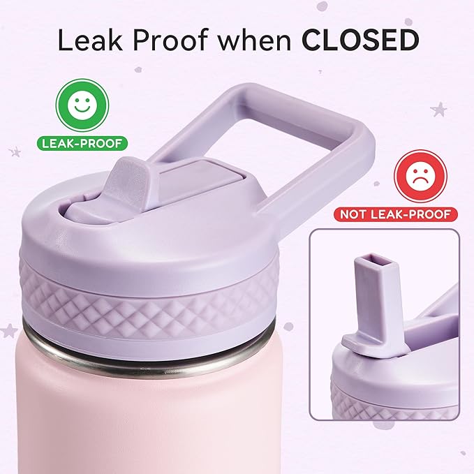 Fijinhom 12 oz Kids Water Bottle, Toddler Water Bottle with Straw, Boys&Girls Bottle for School, 304 Stainless Steel Vacuum Insulated Bottle for Kids, BPA-Free, Leak-Proof, Purple Pink