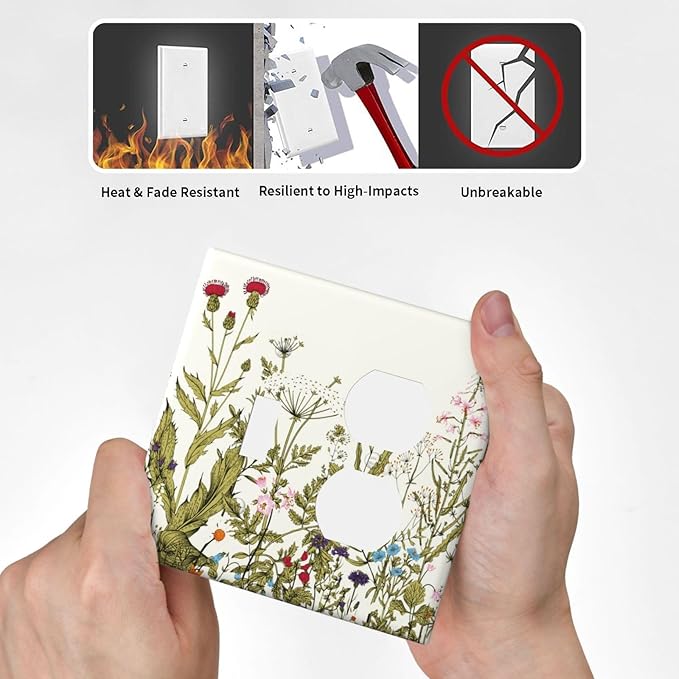 Country Spring Wildflower Floral 2 Gang Combo Device 1-Toggle 1-Duplex Outlet Light Switch Cover Colorful Vintage Flowers Blossom Nature Combination Single Toggle/Receptacle Outlet Wall Plate Covers