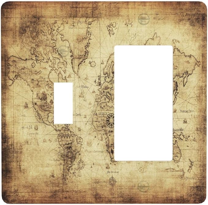 Old World Ocean Map 2 Gang Single Toggle/Rocker Combination Light Switch Cover Decorative Wall Plate Cover Electrical Faceplate Art Oil Painting Decor