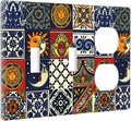 Colorful Boho Mexican Tiles 3-Gang 2-Toggle 1-Duplex Receptacle Combination Light Switch Decorative Mandala Moon and Sun Witchy Gothic Triple Combo Device Switches/Rocker Outlet Covers and Wall Plate