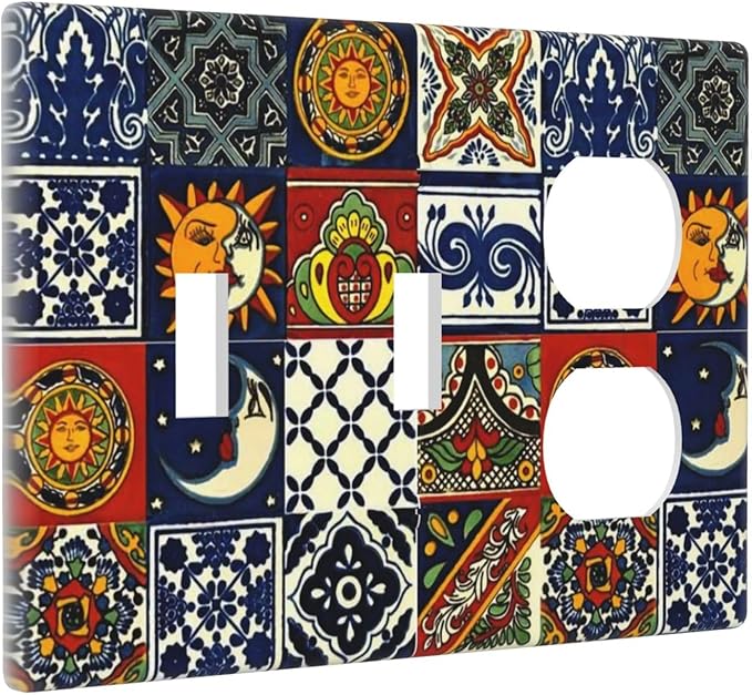 Colorful Boho Mexican Tiles 3-Gang 2-Toggle 1-Duplex Receptacle Combination Light Switch Decorative Mandala Moon and Sun Witchy Gothic Triple Combo Device Switches/Rocker Outlet Covers and Wall Plate