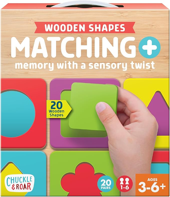 Chuckle & Roar Matching+ Wooden Sensory Shapes Memory Game for Kids Ages 3–6+ – Premium Wood Logic Puzzle & Shape Matching Game with Multiple Play Modes