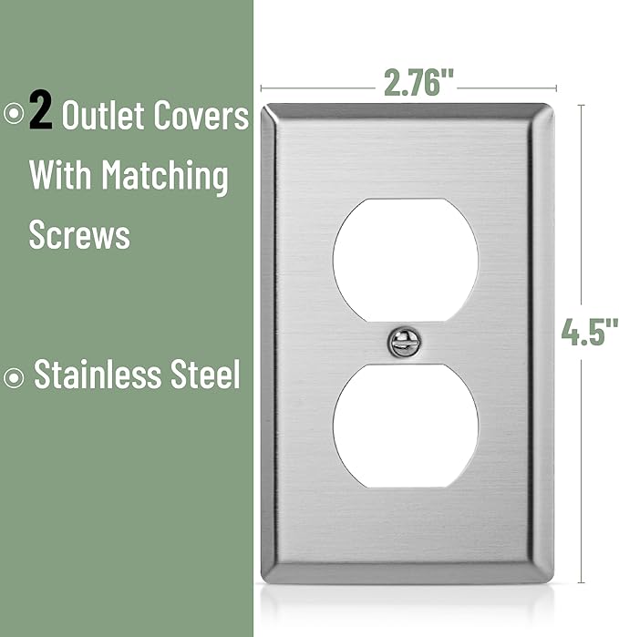 Bates- Metal Duplex Receptacle Wall Plate, 4.5" x 2.76"/Standard Size, 2 Pack, Stainless Steel Outlet Covers Wall Plate, Electric Outlet Cover Plates