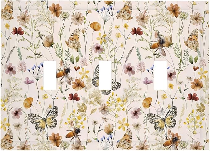 Vintage Butterflies Triple Toggle Wall Plates Colorful Wildflower 3 Gang Light Switch Cover Decorative Cute Bees Electrical Switchplate Faceplate Beige Flower Leaves Dimmer Decor for Bedroom Kidroom