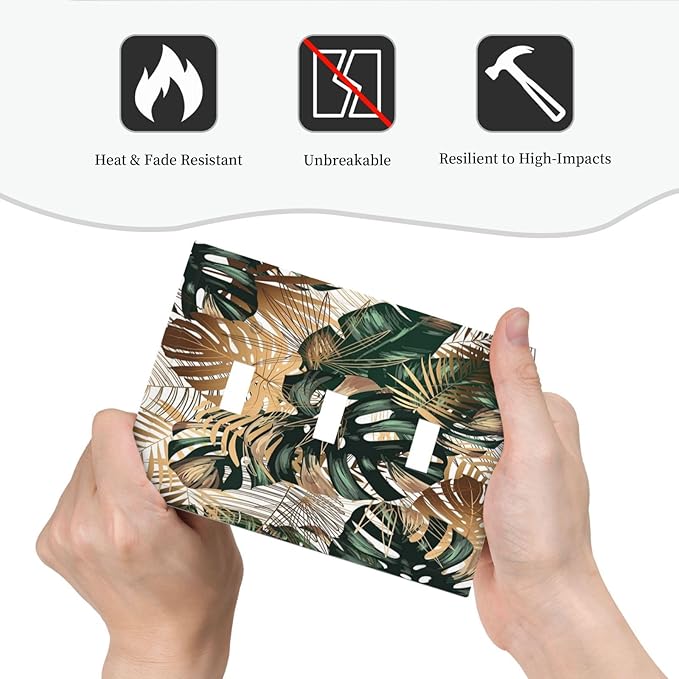 Green Tropical Leaves Gold Palm Leaf Botanical 3 Gang Light Switch Covers Decorative Unique Triple Toggle Wall Plate Electrical Faceplate Switchplate for Kitchen Bathroom Bedroom Home Decor