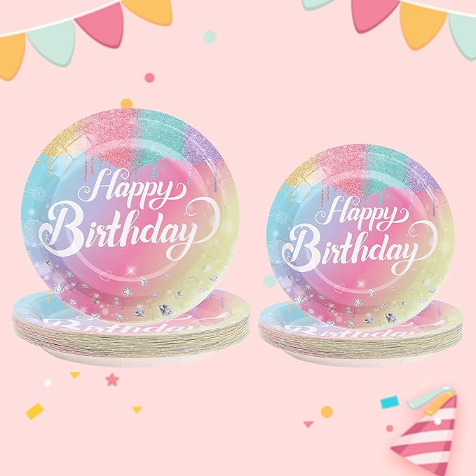Rainbow Birthday Disposable Dinnerware Sets,Pink Birthday Party Supplies Plates Glitter Diamond Plates,Rose Gold Disposable Tableware Sets Girls Party Plates with Tablecloth Cup Banner Serve 24