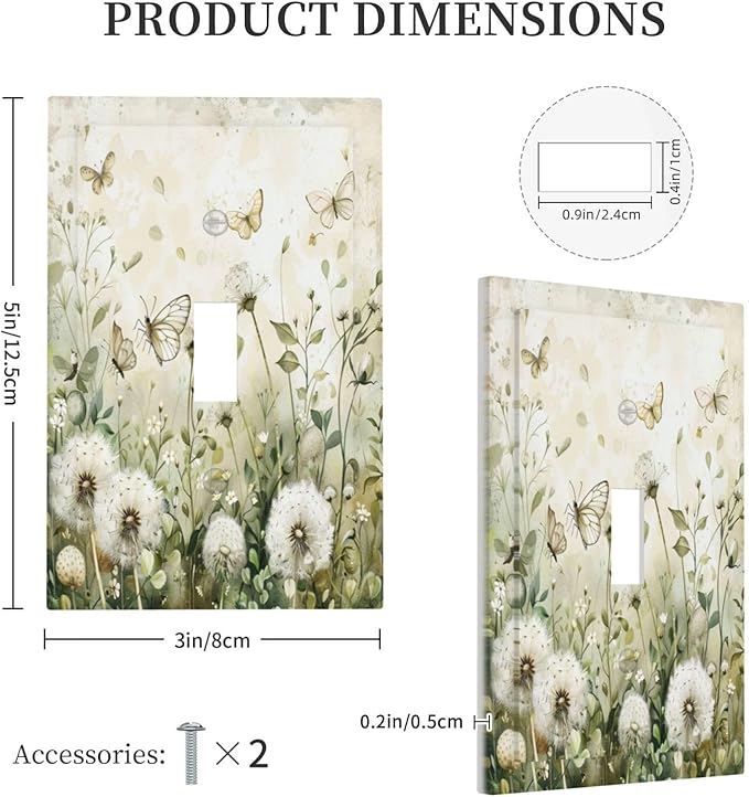 Light Switch Cover Plate Watercolor Butterflies Dandelions Wildflowers 1 Gang Single Toggle Decorative Switch Plates Wall Plates Electrical Faceplate for Bathroom Bedroom Decor