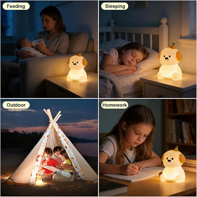 Puppy Silicone Night Light for Kids Baby, BPA-Free Safe Cute Lamp, 3 Brightness Dimmable RGB Color Changing, 30/60 Min Timer Tap Control Night Light for Nursery Bedroom Toddler Infant