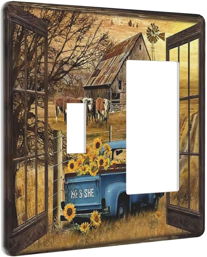 Fall Western Farmhouse Cow 2 Gang Single Toggle Rocker Combination Light Switch Cover Barn door Blue Truck Decorative Wall Plate Cover Electrical Faceplate for Bathroom Bedroom Home Kitchen Decorate