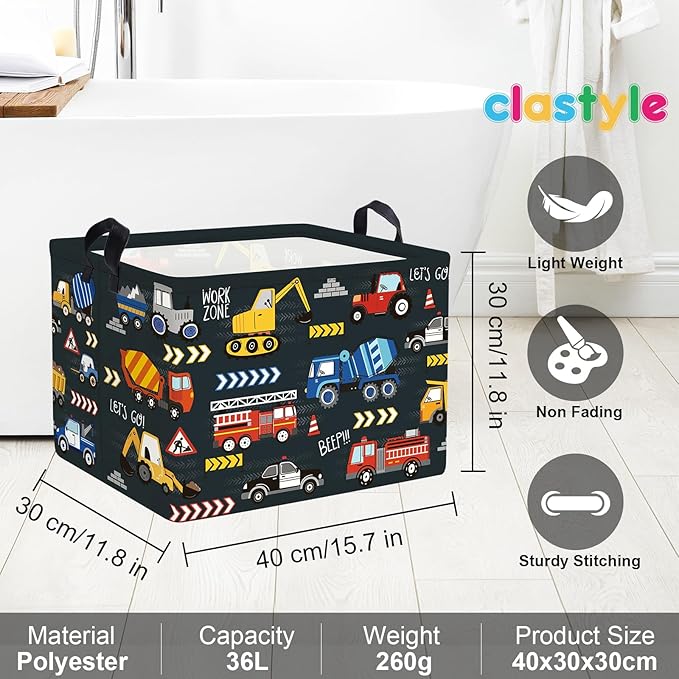 Clastyle City Car Baby Laundry Hamper Kid Storage Basket Boy Gift Toy Box Collapsible Clothes Organizer Nursery Bin for Bedroom,Fire Truck,40 * 30 * 30 cm
