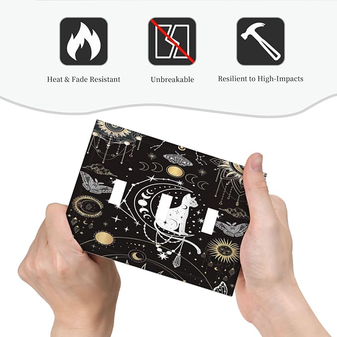 White Cat Tarot Moon Phases Moth Celestial Gothic Decorative Switch Plates 3 Gang Wall Plate Triple Toggle Light Switch Cover Faceplate Electrical Wall Panels for Kids Room Bedroom Decor