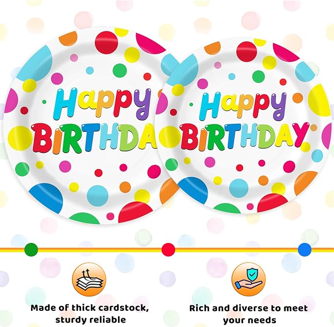 100 PCS Happy Birthday Paper Plates Napkins and Forks Set Serve 25, 9 Inches and 7 Inches Colorful Polka Dots Cake Dessert Plates Disposable Dinnerware Tableware Decor for Dinner Bday Party Supplies