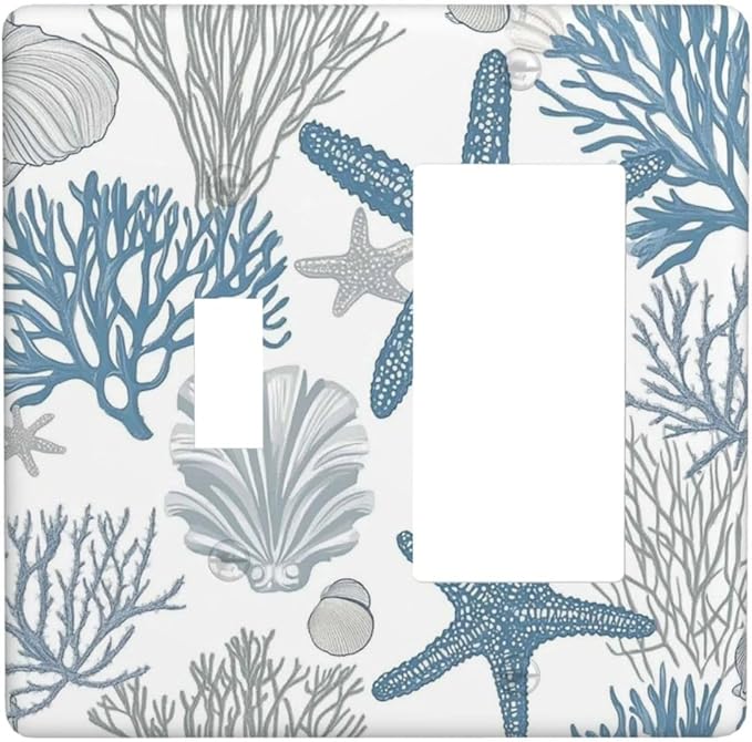Blue Starfish Nautical Beach Conch Coastal Coral Shell Outlet Covers 1 Toggle 1 Rocker Combination Decorative Wall Plate Electrical Switch Plates Light Switch Cover Plate For Kids Room Bathroom Decor