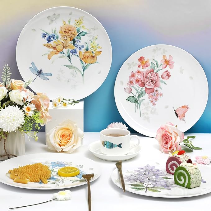 Naozinebi 4 Pcs 10 Inch Spring Theme Flower Plates Melamine Floral Dinnerware Set Reusable Melamine Spring Floral Baby Shower Plate Dishwasher Creatively Drop Resistant Cute Plastic Dish