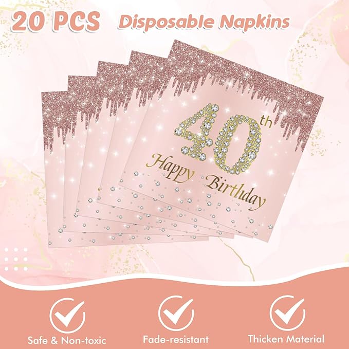 Ryzovo 41Pcs 40th Birthday Decorations, Rose Gold Birthday Party Supplies Include 20Pcs Plates 20Pcs Napkins and 1Piece Tablecloth, Sweet Forty Year Old Birth Party Tableware for Girl Ladies Women